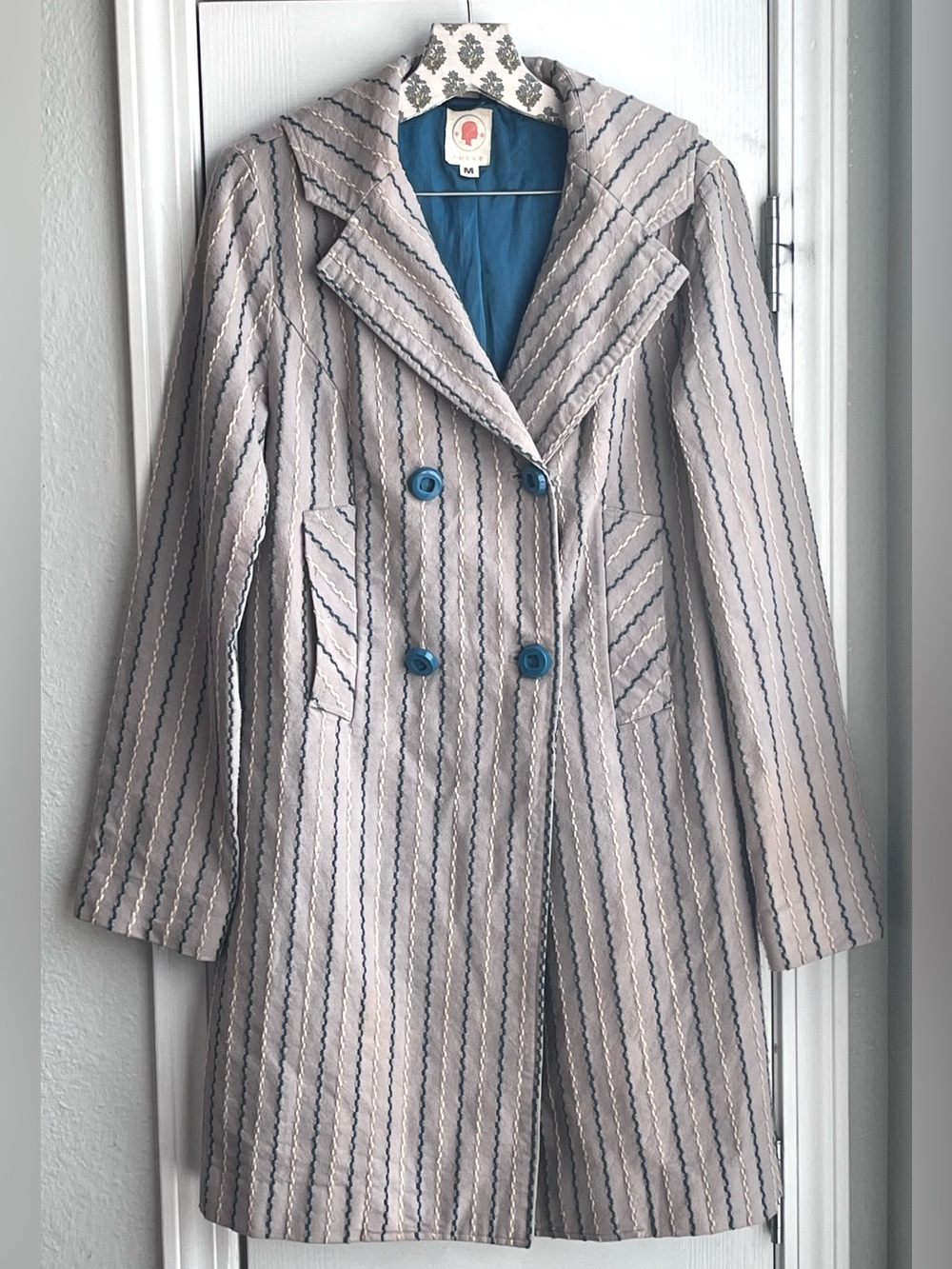 TULLE for ANTHROPOLOGIE Embroidered Stripe Double Breast Peacoat Beige Teal Med